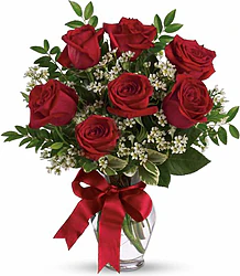 7 Rosas Rojas de primera calidad con tallo largo arreglada de forma elegante con verde de relleno, la composición perfecta para tu mensaje de amor