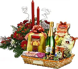 Centro de mesa de Navidad rojo y blanco con canasta de regalo de Navidad