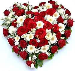 Arreglo de corazón rojo y blanco de rosas, gerberas y flores mixtas