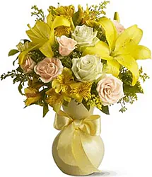 Sunny roses, lilies, alstroemerias and mixed flowers