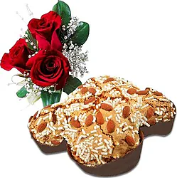Trío de rosas rojas con paloma de Pascua
